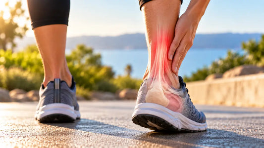 Person holding the back of their ankle while walking outdoors, with an anatomical overlay highlighting Achilles tendon pain.