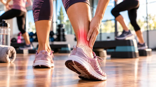Person holding the back of their ankle at a gym, with a red anatomical overlay illustrating Achilles tendonitis.