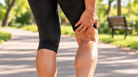 Person holding the back of their knee outdoors, illustrating discomfort commonly associated with a Baker's cyst.