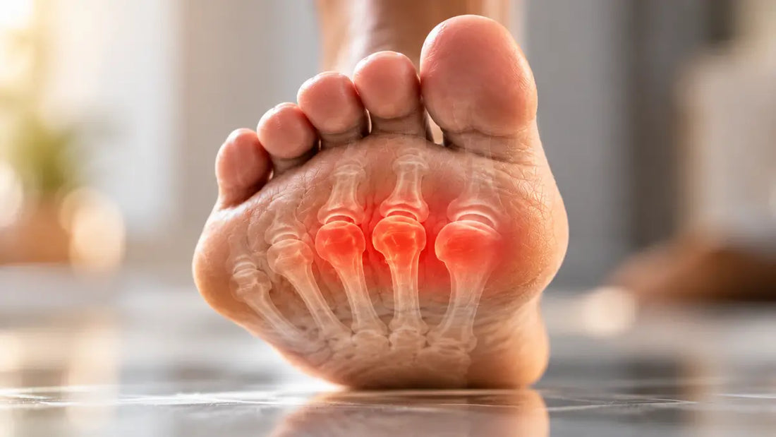 Underside of a bare foot with an anatomical overlay highlighting the metatarsal heads in red to illustrate ball of foot pain.