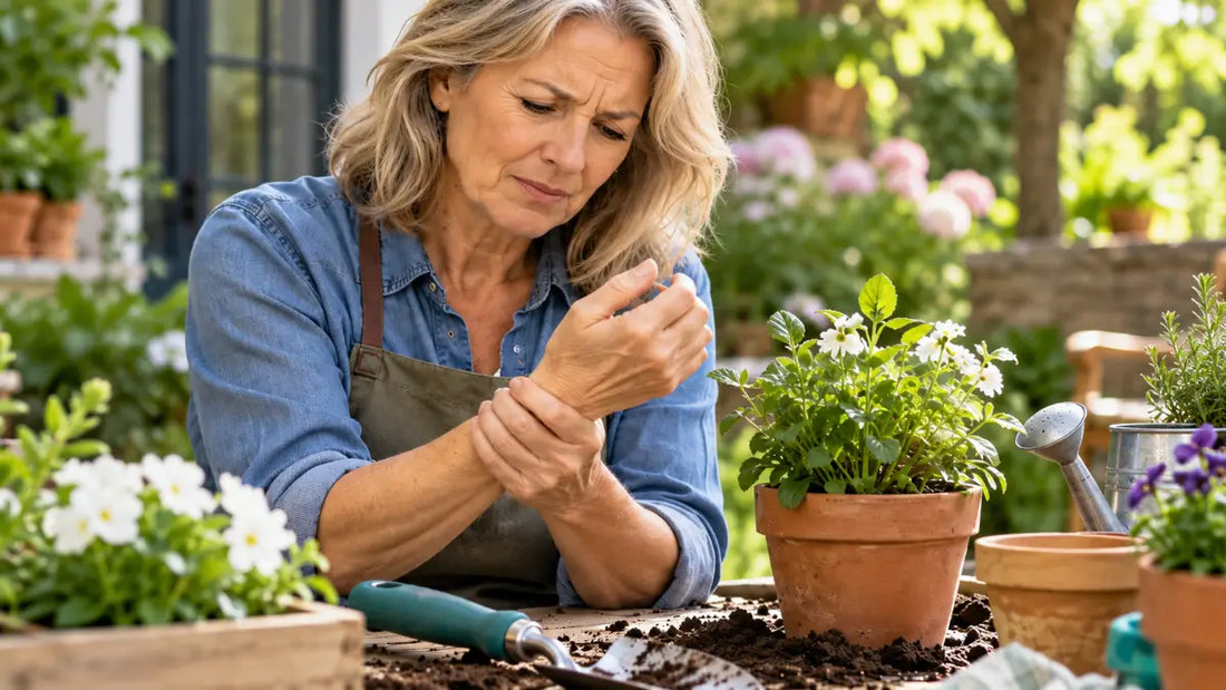Woman holding her painful wrist while gardening, showing how hand and wrist pain can affect everyday activities.