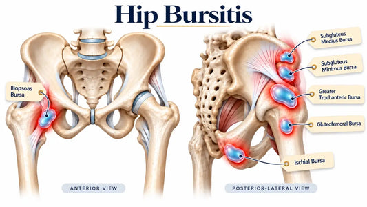 An anatomical medical illustration titled 'Hip Bursitis' showing two labeled views of the human hip and pelvis: anterior view on the left and posterior-lateral view on the right.