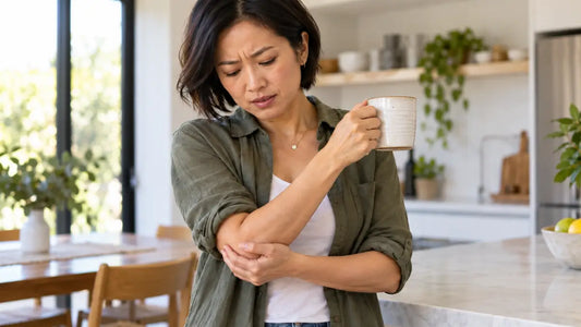 A woman in a kitchen holding a mug while holding her upper arm, appearing to feel pain or discomfort due to Lateral Epicondylitis.