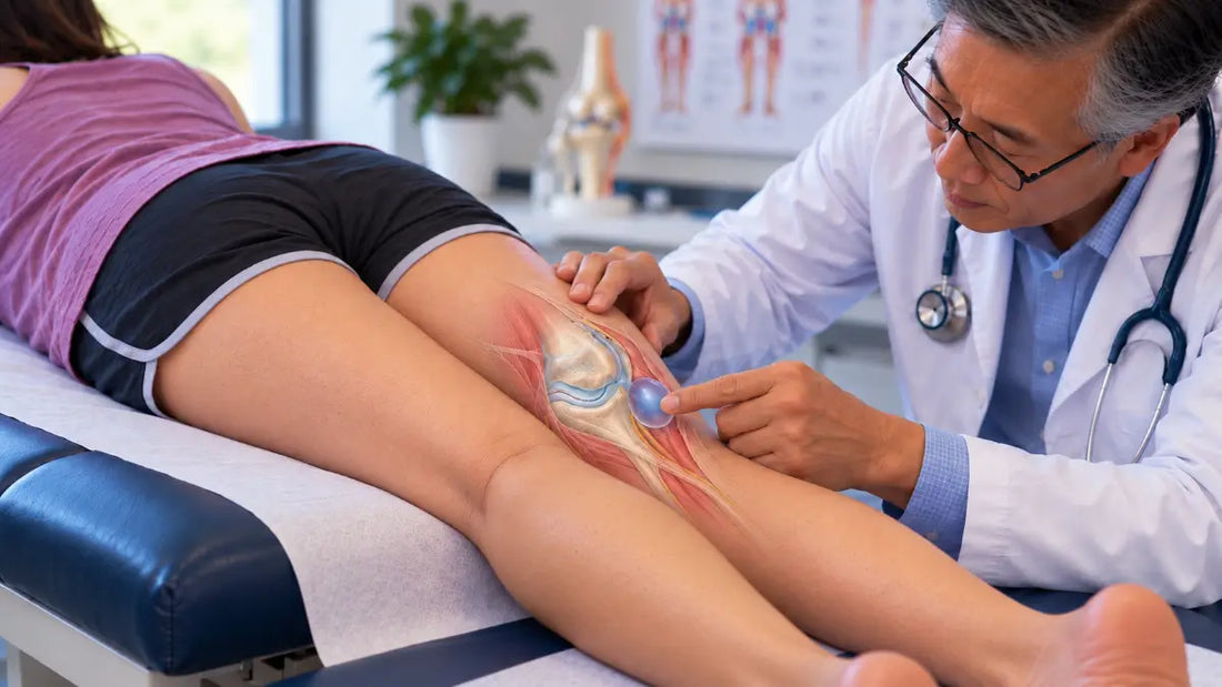 Doctor examining the back of a patient's knee with an anatomical overlay highlighting a popliteal (Baker's) cyst.