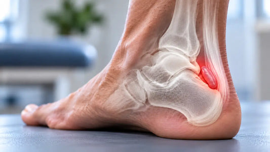 Side view of the heel with an anatomical overlay showing retrocalcaneal bursitis between the Achilles tendon and heel bone.