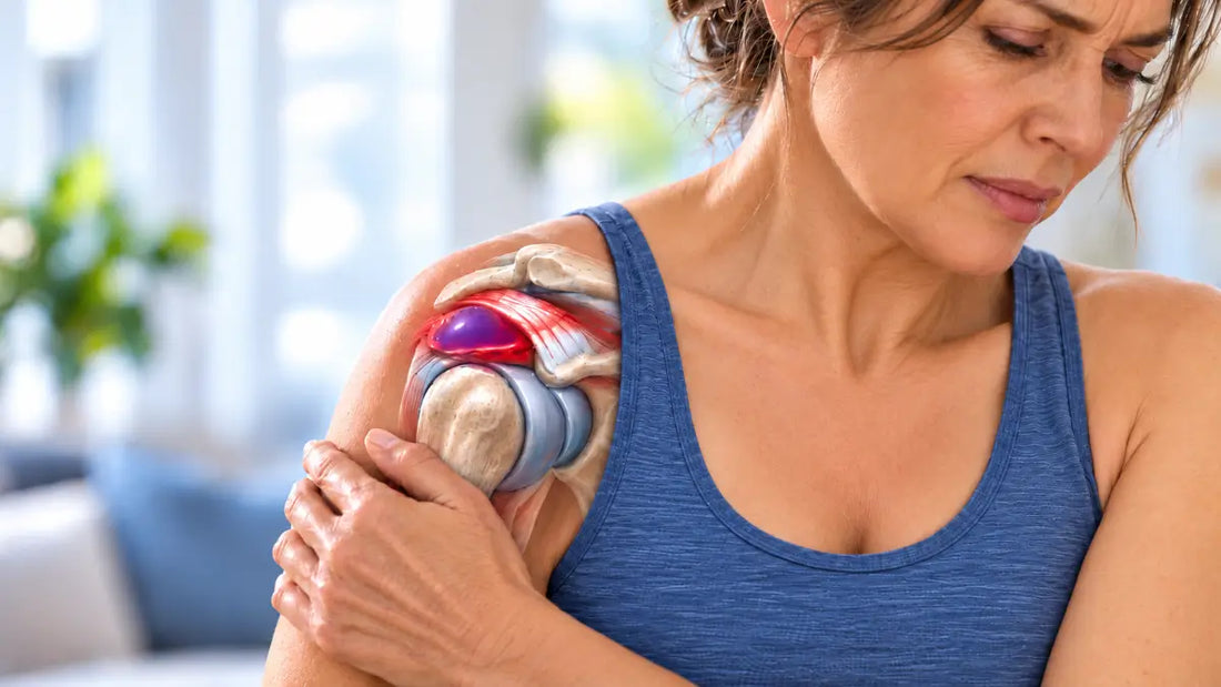 Woman holding her painful shoulder with an anatomical cutaway showing an inflamed subacromial bursa.